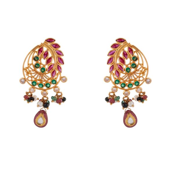 Glossy Finish Multicolour Stone With CZ Peacock Feather Design Gold Pendant Set - FPS231