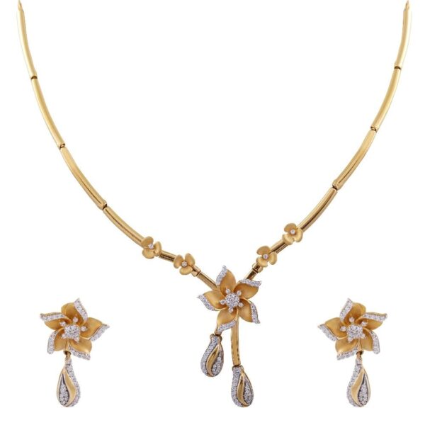 Matte Glossy Finish Floral Drop Design Studded With CZ Gold Necklace Set-FNC241