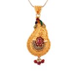 Glossy Matte Embossed Oxidise Finish Multicolor Enamel Floral Drop Red Beads Gold Pendant Set - PS202 - Image 3