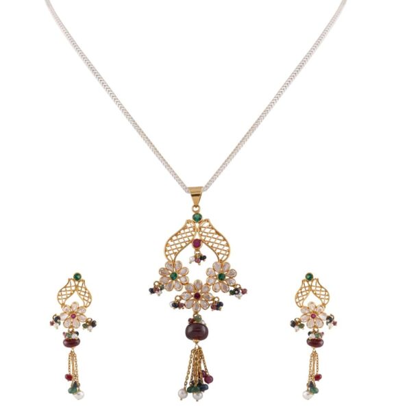 Glossy Filigree CZ Floral With Multicolour Beads Gold Pendant Set - FPS236