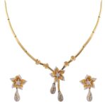 Matte glossy finish floral drop design studded with Cz gold necklace set - FNC241