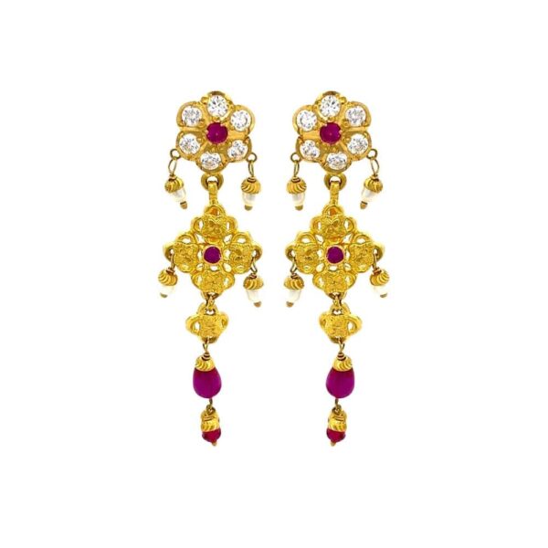 Traditional Textured Yellow Gold 22kt CZ Dangler Earring- FTOP104