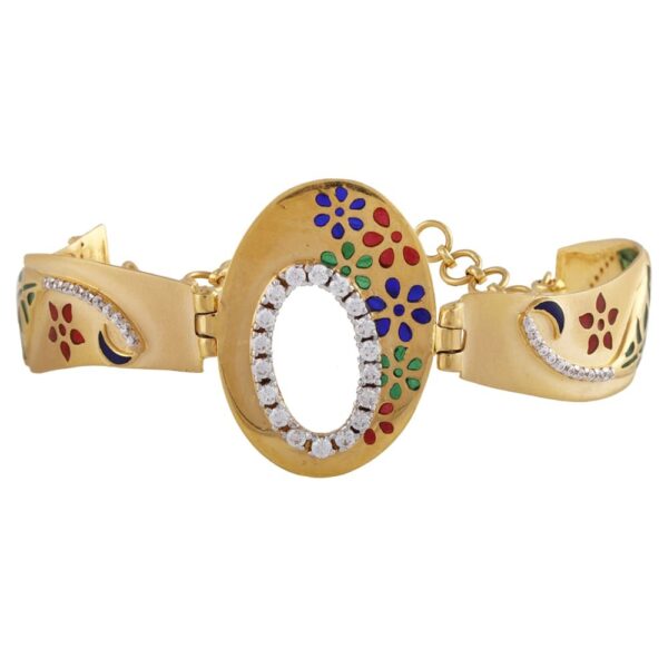 Glossy Finish Glittering CZ With Floral Enamel Circle Gold Bracelet - FBR58