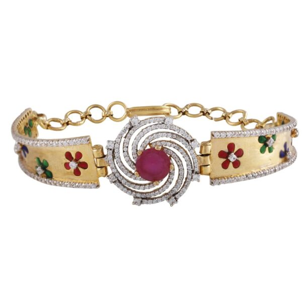 Glossy Sparkling Cluster CZ With Pink Stone Multicolour Enamel Spiral Gold Bracelet - FBR49