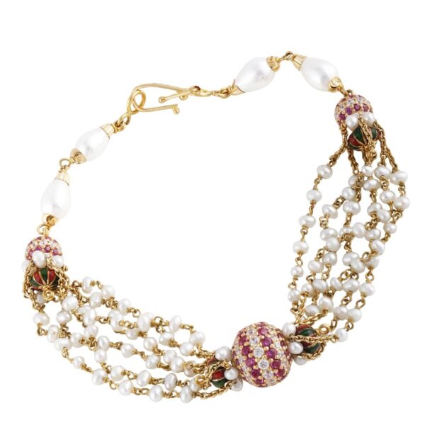 Jumbled Pearl Links CZ With Pink Stone Studded Enamel Gold Bracelet - FBR34