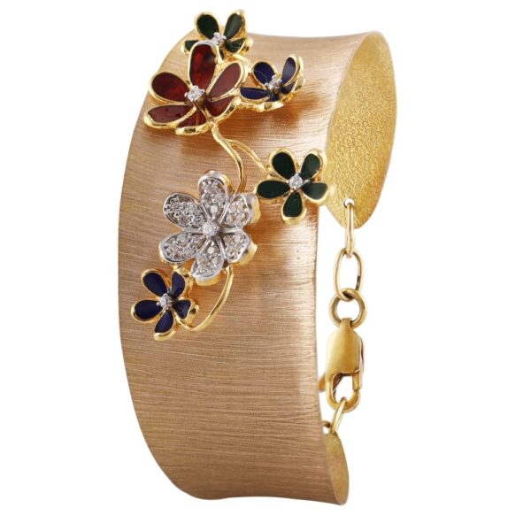 Matte Brush Finish Multicolour Enamel CZ Studded Floral Gold Bracelet - FBR45
